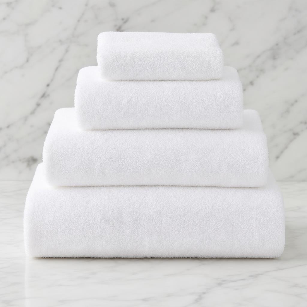 Graduated stack of bright white luxury hotel bath towels on soft white marble