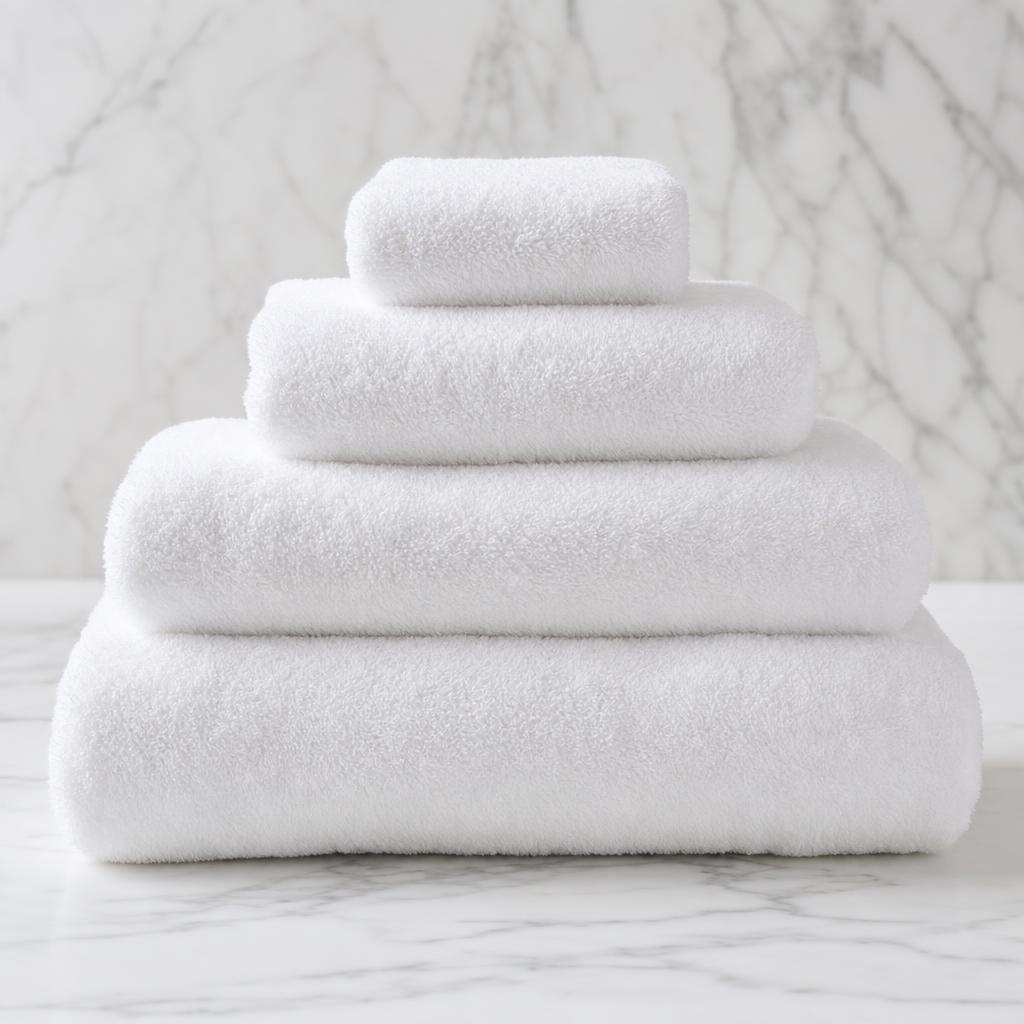 Graduated stack of bright white heavy 660 GSM luxury hotel bath towels on soft white marble