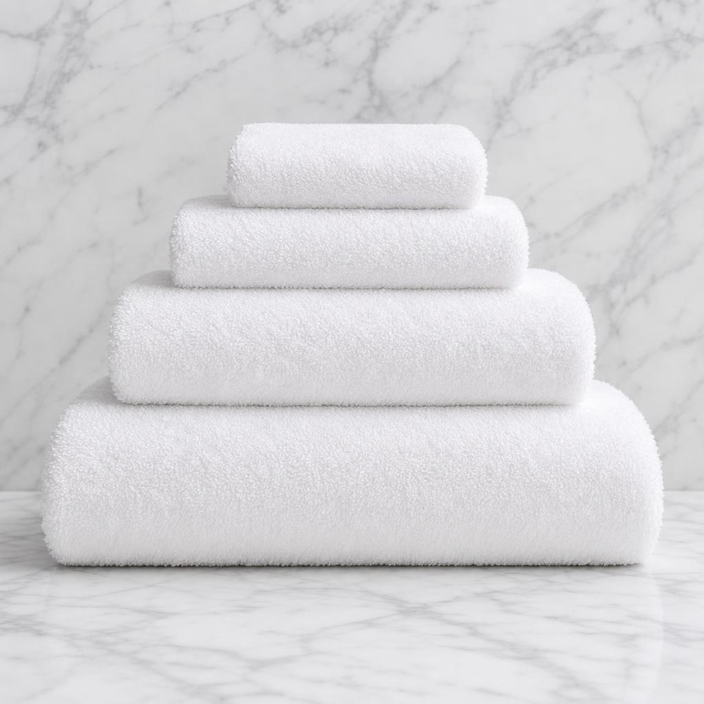 Graduated stack of bright white 670 GSM luxury hotel bath towels on soft white marble