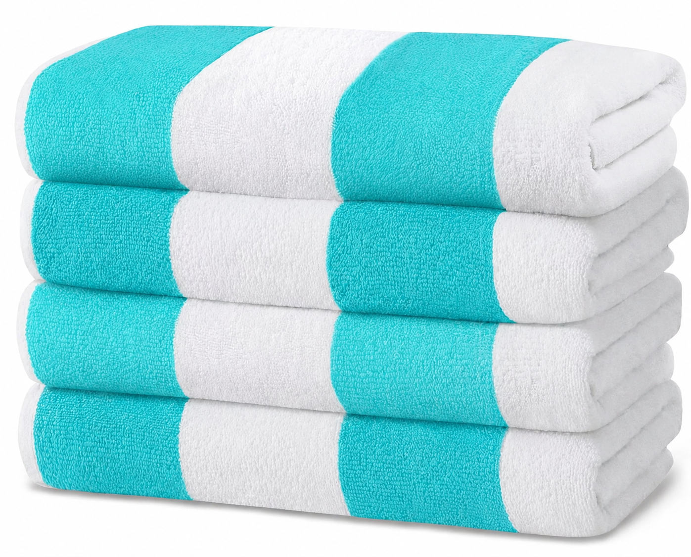 Stack of bright-white cotton terry beach towels with wide yellow and white vertical cabana stripes on soft white marble