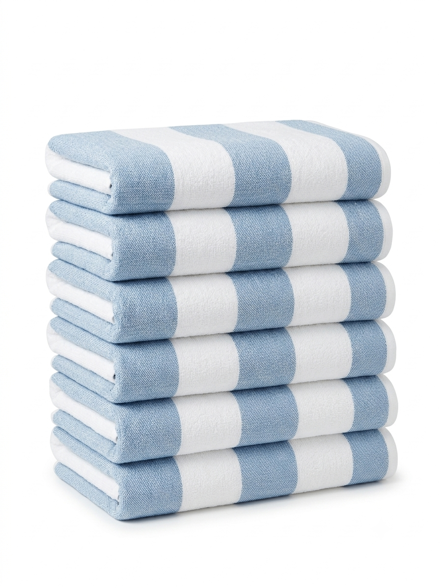 Stack of bright-white cotton terry waterpark towels with light-blue and white vertical cabana stripes on soft white marble