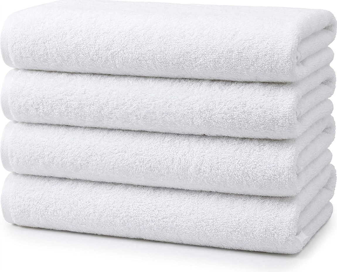 Stack of plain solid bright-white cotton terry beach towels on soft white marble