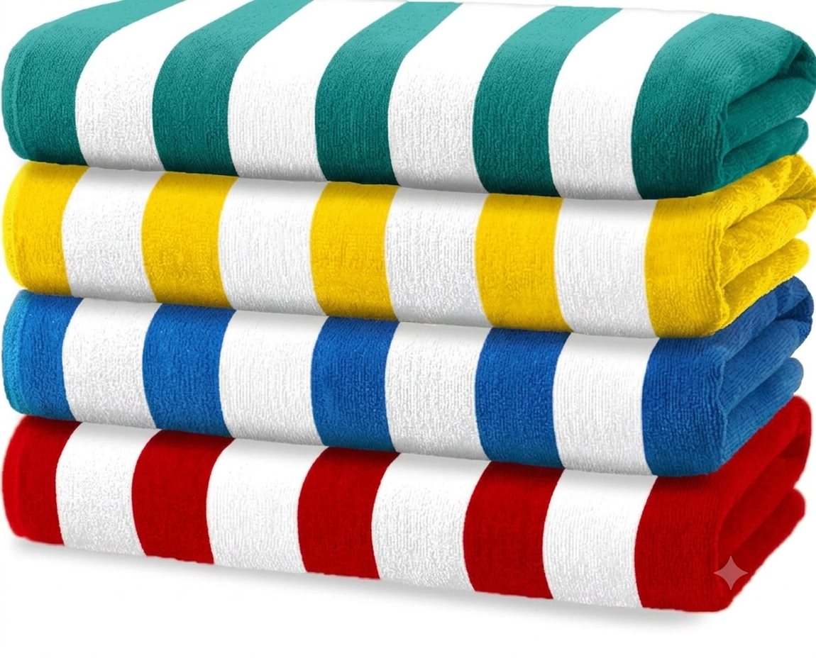 Stack of bright-white cotton terry beach towels with wide multicolour vertical cabana stripes in yellow, green, orange and blue on soft white marble