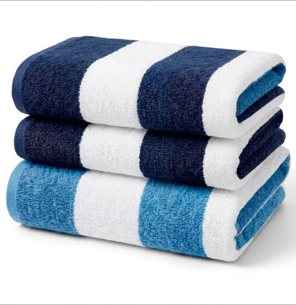 Stack of bright-white cotton terry beach towels with wide orange and red vertical cabana stripes on soft white marble