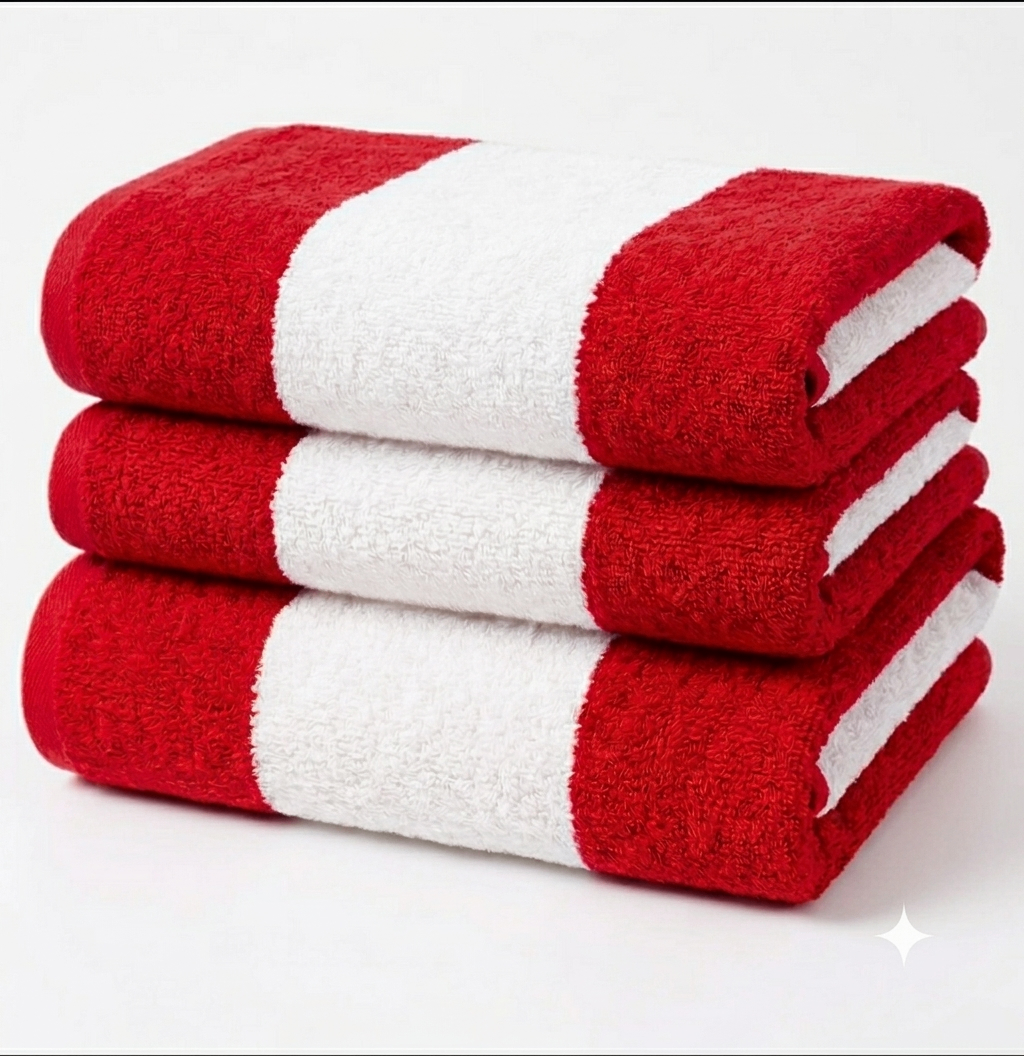 Stack of bright-white cotton terry beach towels with bold green and aqua-blue vertical colour blocks on soft white marble