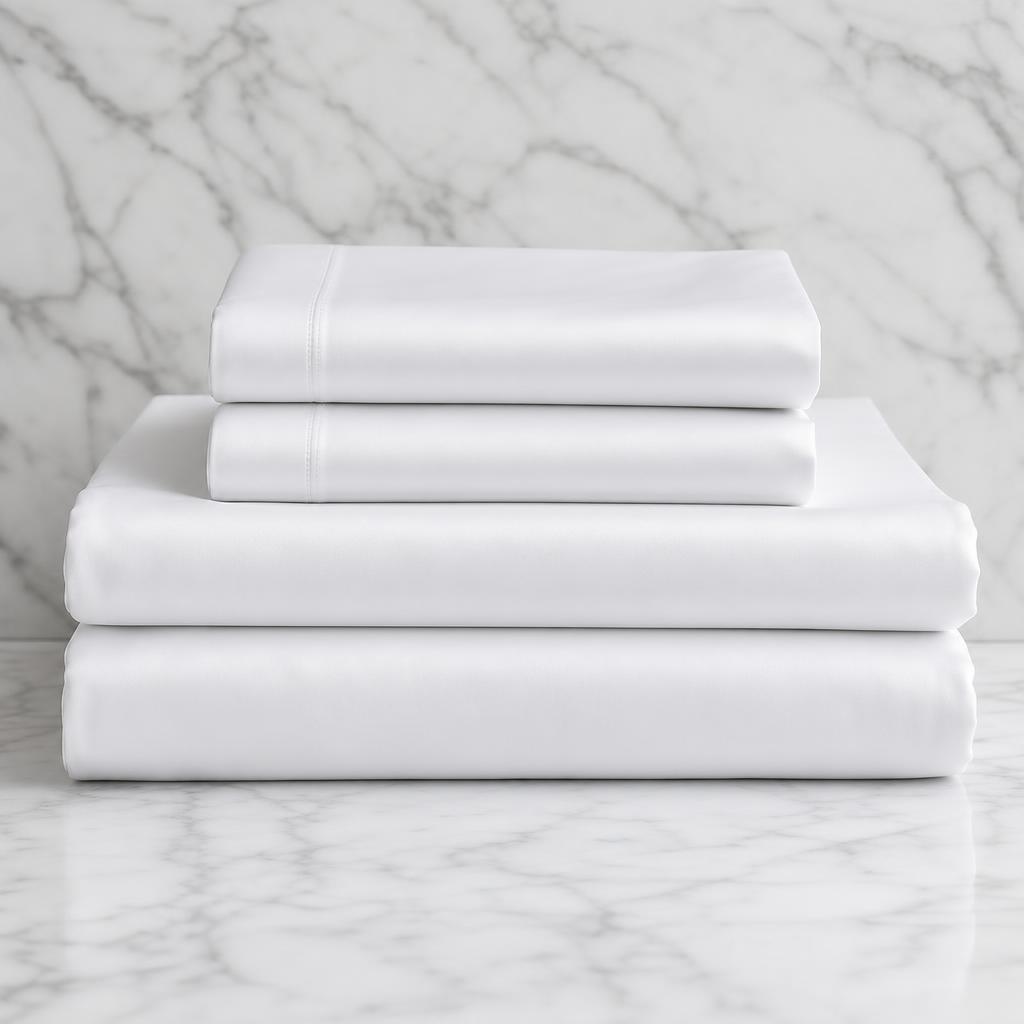 Dense, substantial stack of bright white 1000 thread count Egyptian cotton sateen bed linens on marble