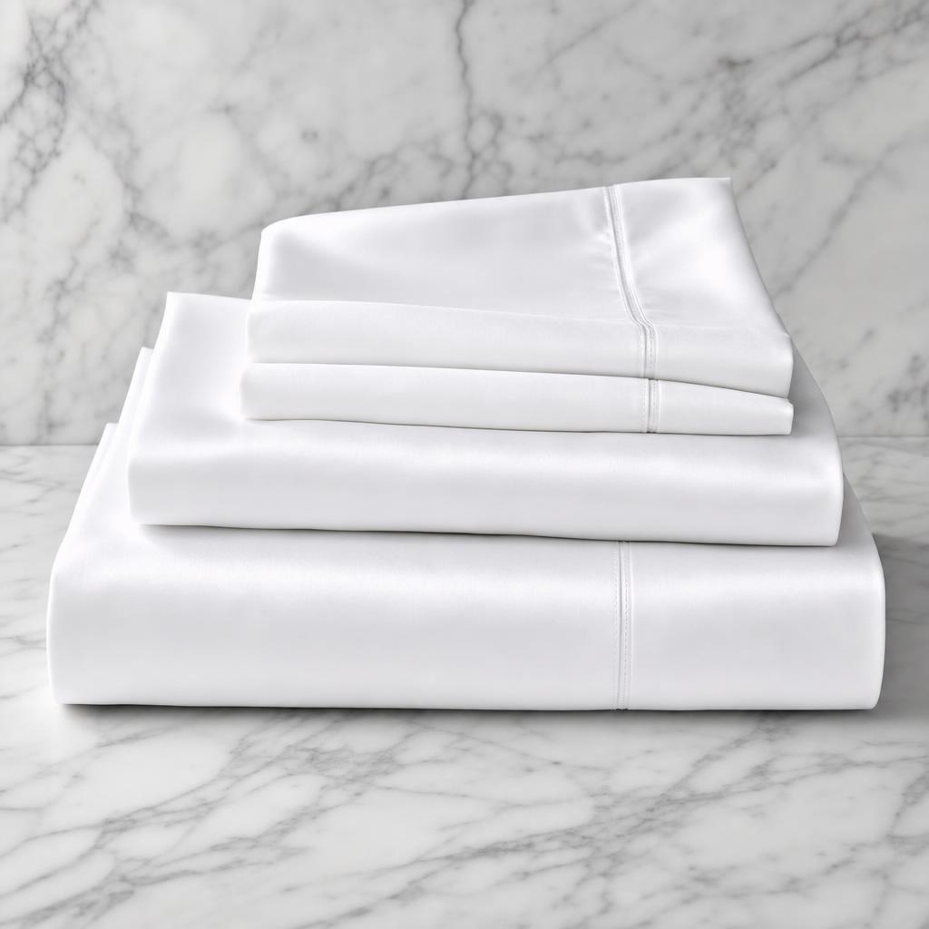 Relaxed stack of bright white sateen hotel bed linens with a soft luminous sheen on marble