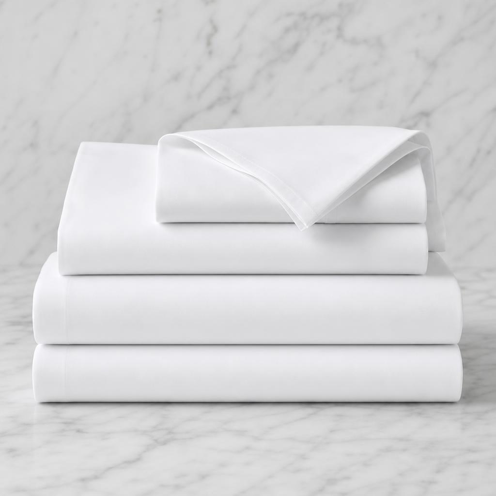 Stack of bright white Egyptian cotton percale bed linens with a turned-back pillowcase edge on marble