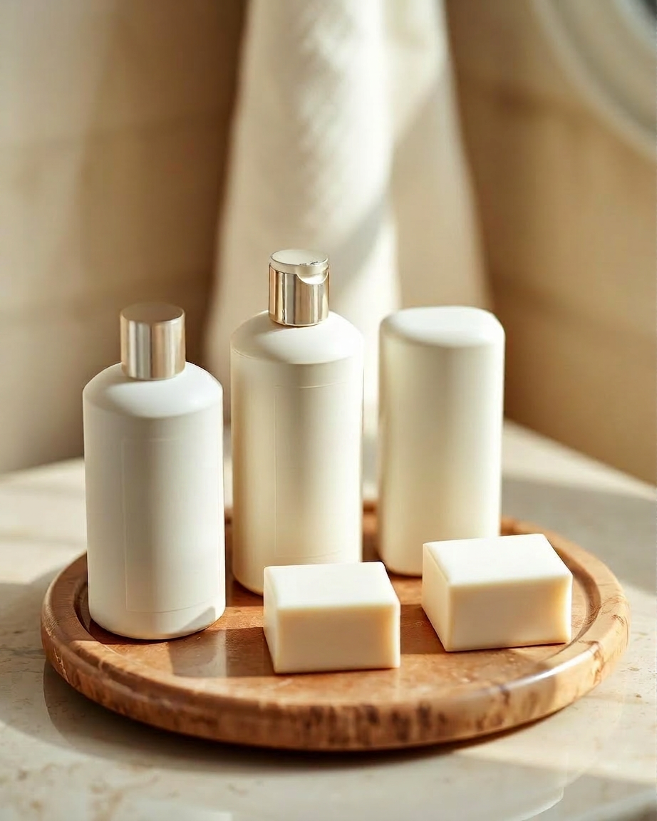 Custom-branded bath amenity set in cream packaging on a stone tray