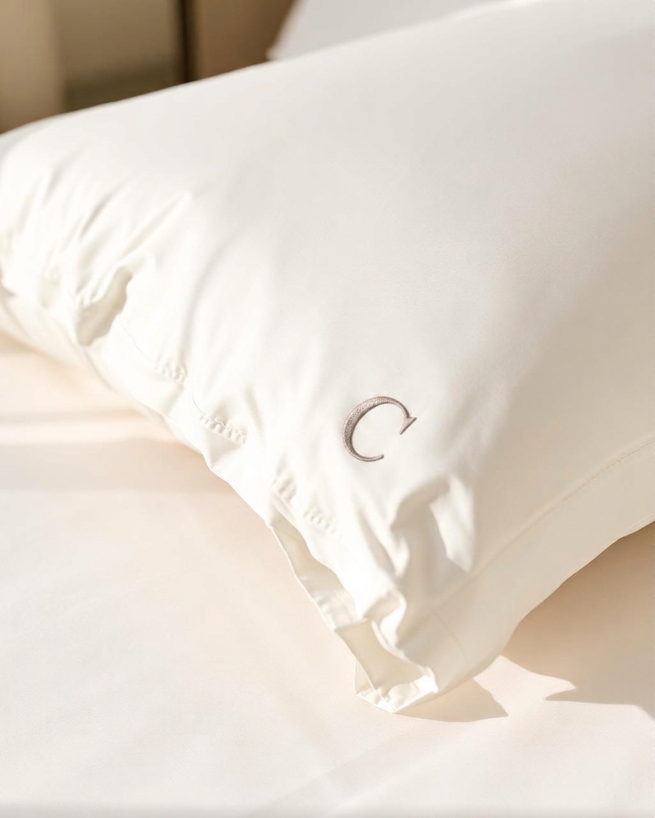 White hotel pillowcase with a discreet embroidered monogram