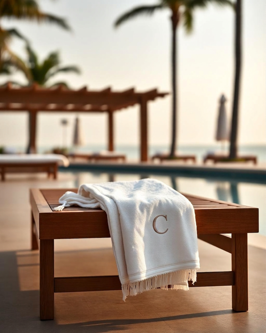Poolside lounge chair draped with a white towel bearing an embroidered crest