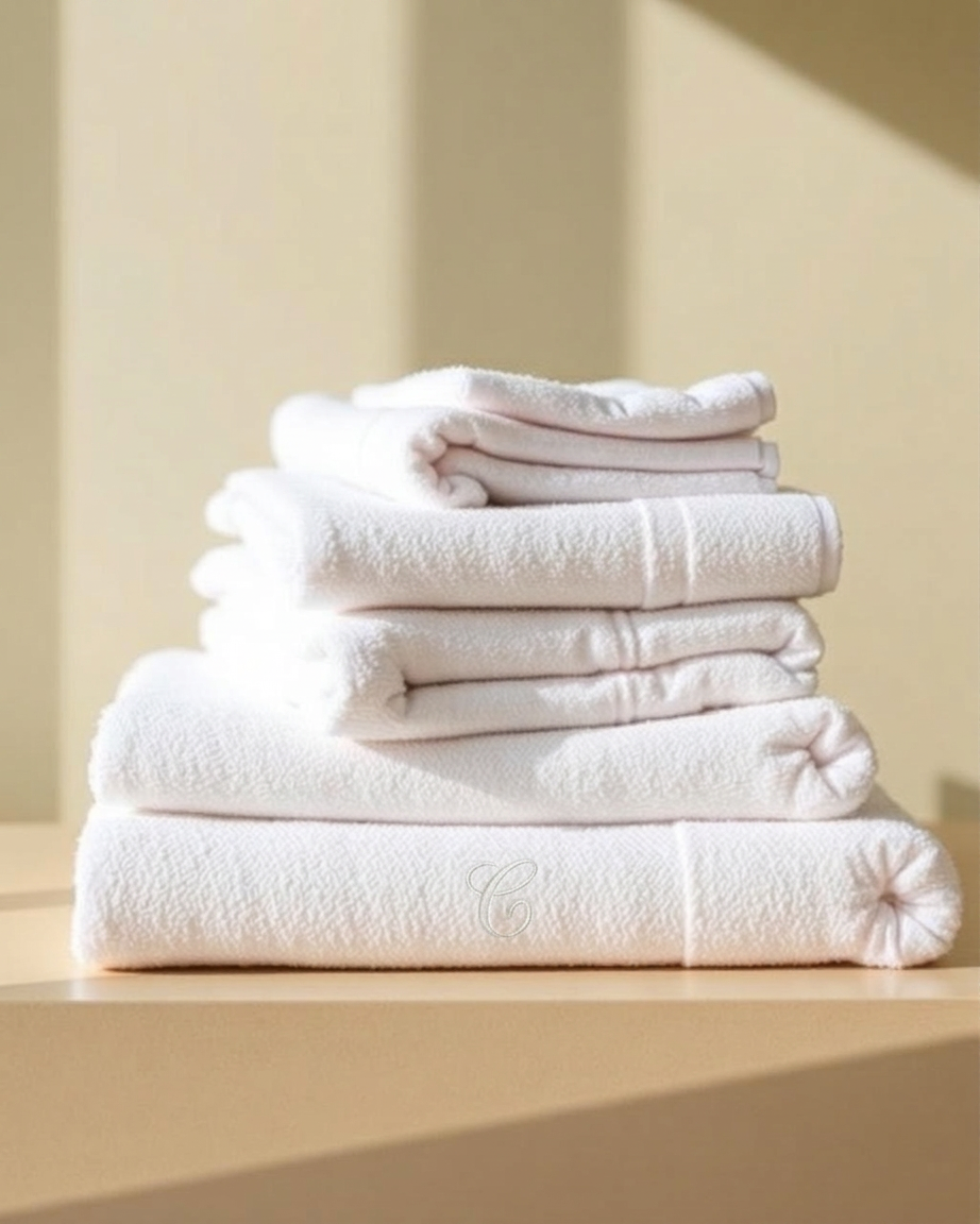 Generous stack of plush folded white pool and beach towels