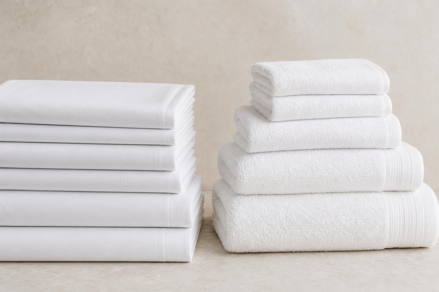 Stack of crisp white folded sheets beside folded plush white bath towels