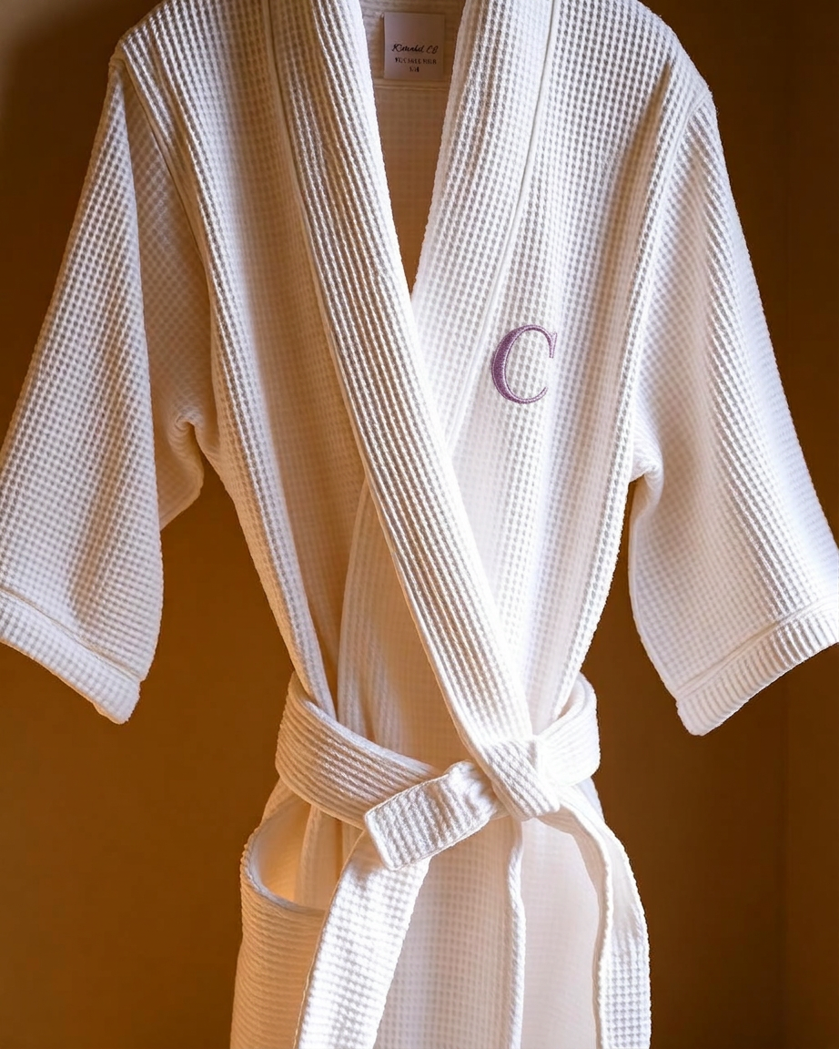 White waffle bathrobe with discreet embroidered monogram
