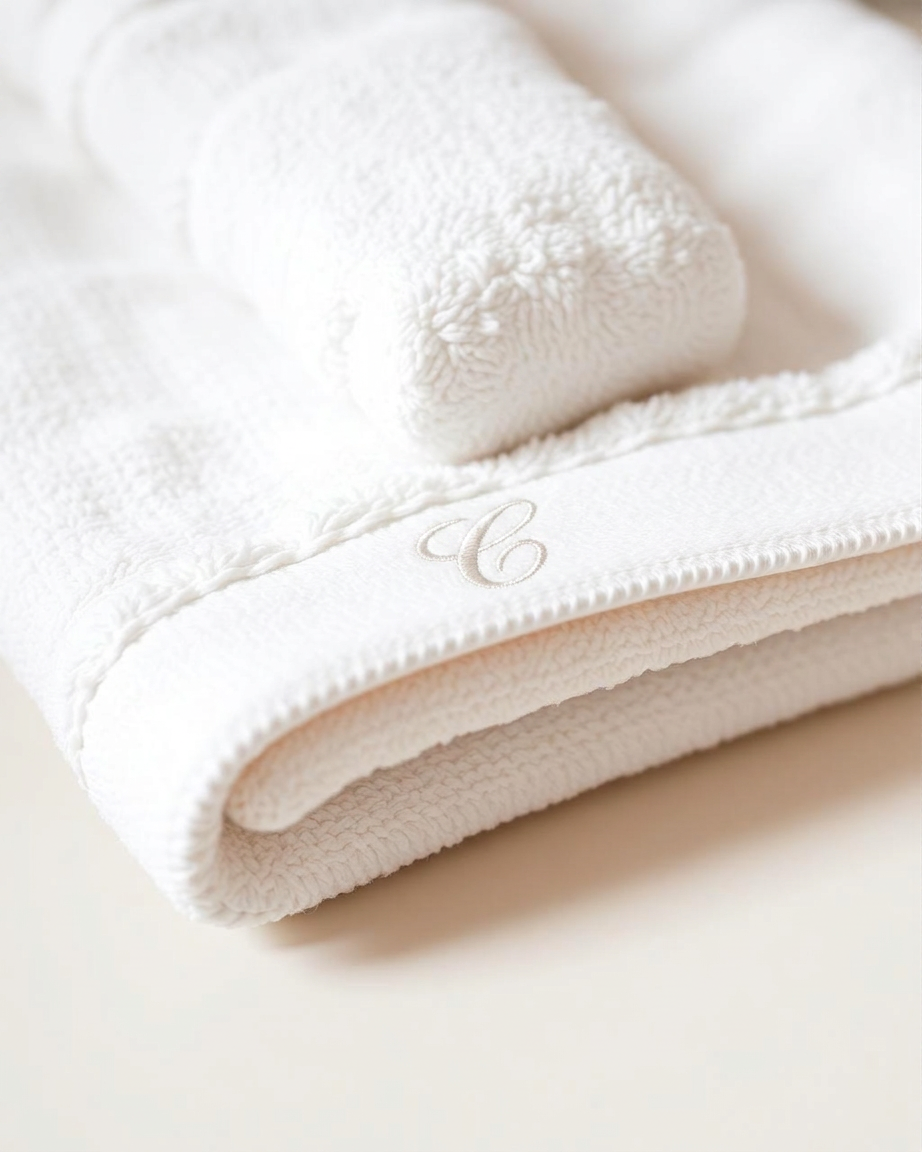 Folded white bath towel with embroidered monogram border