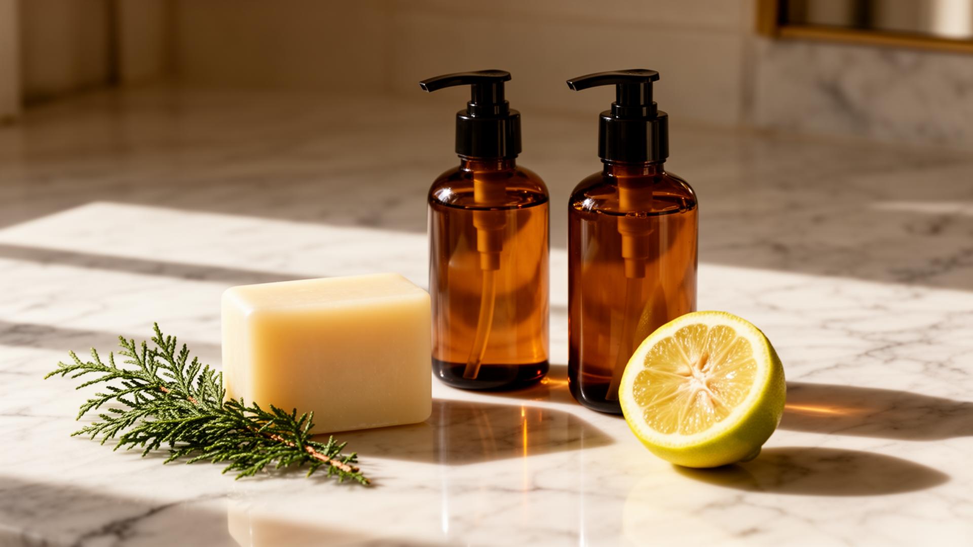 Amber-glass bath amenity bottles and a bar of soap on marble