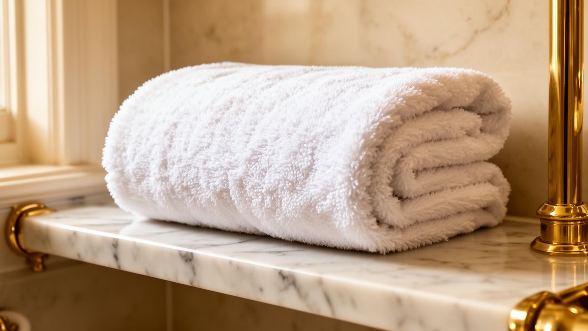 Single very plush, heavy white bath towel on honed marble