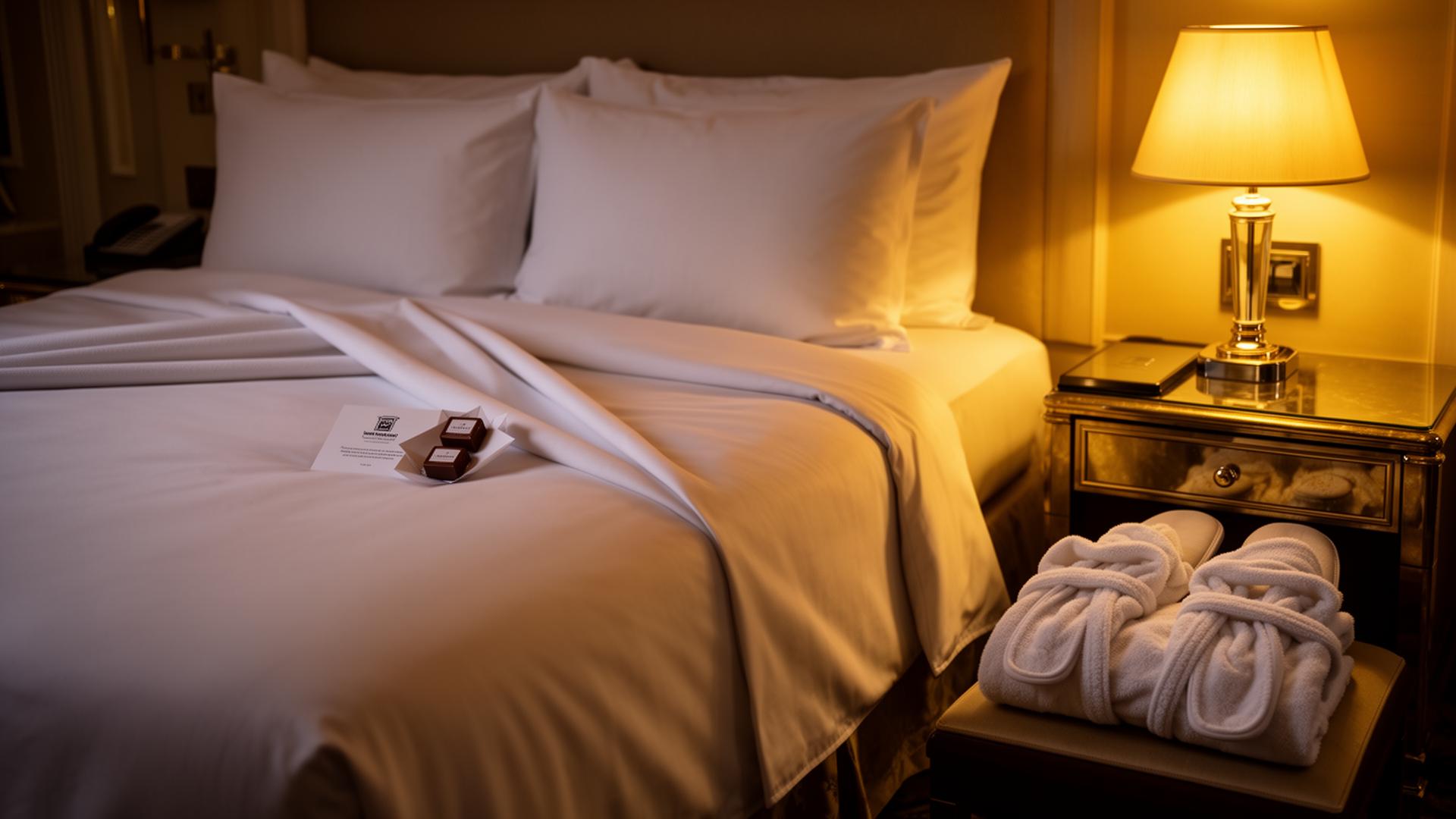Heavy white sateen bedding in a dim luxury suite at night