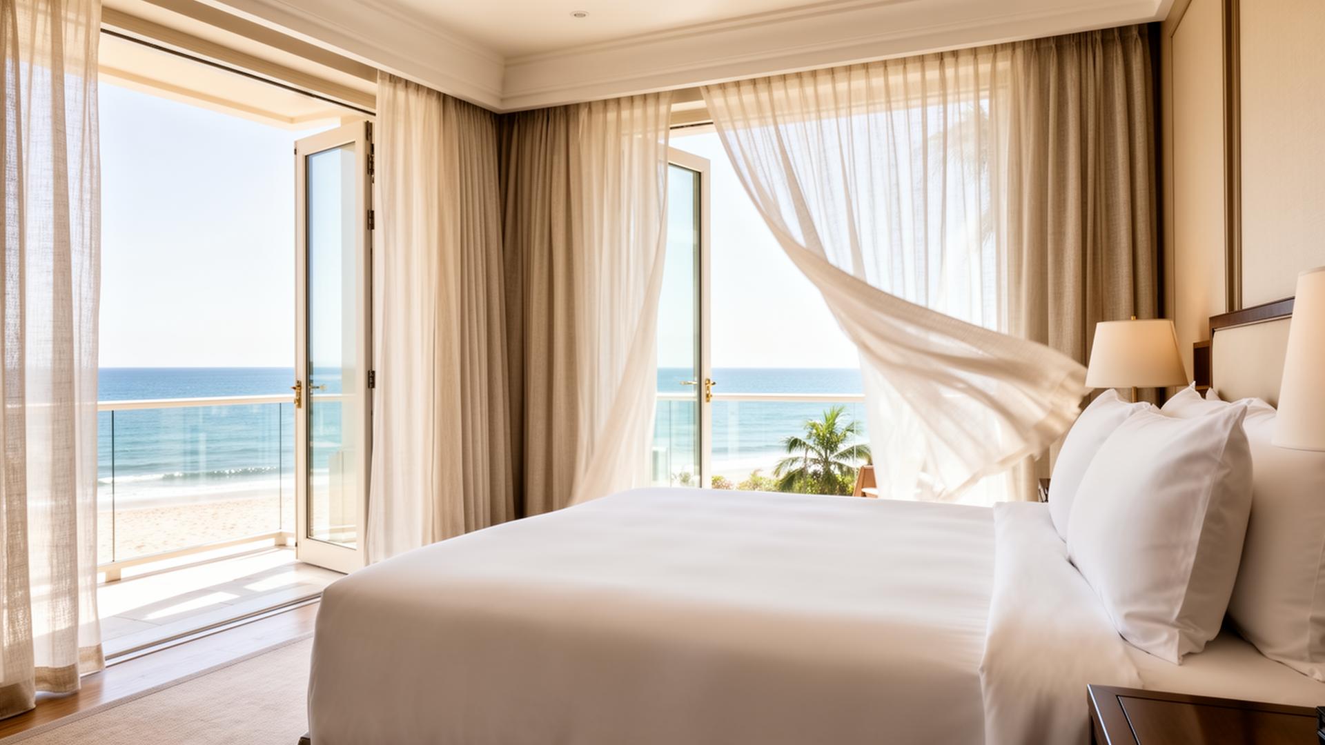 Light percale bedding in an airy coastal room