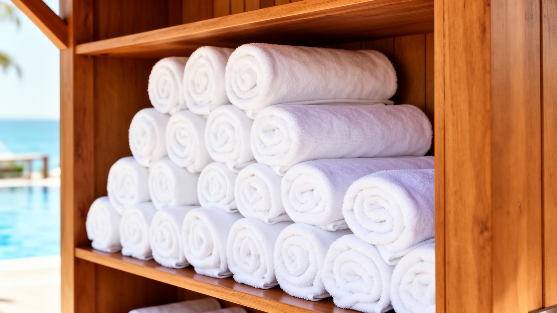 Neatly rolled white pool and beach towels at a resort towel hut