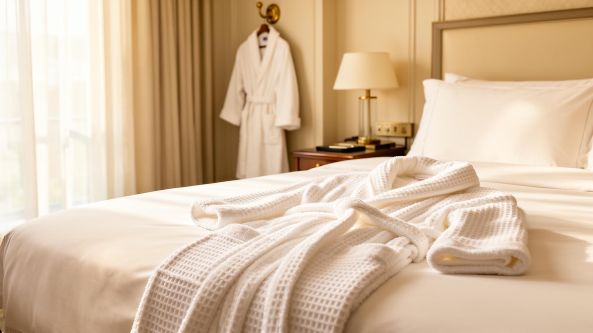 Plush white waffle-weave robe in a serene luxury hotel suite