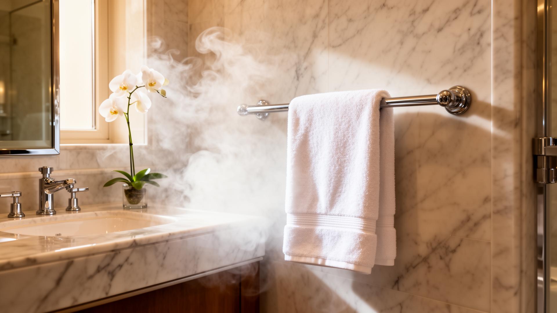 Plush folded white towel in a marble five-star bathroom