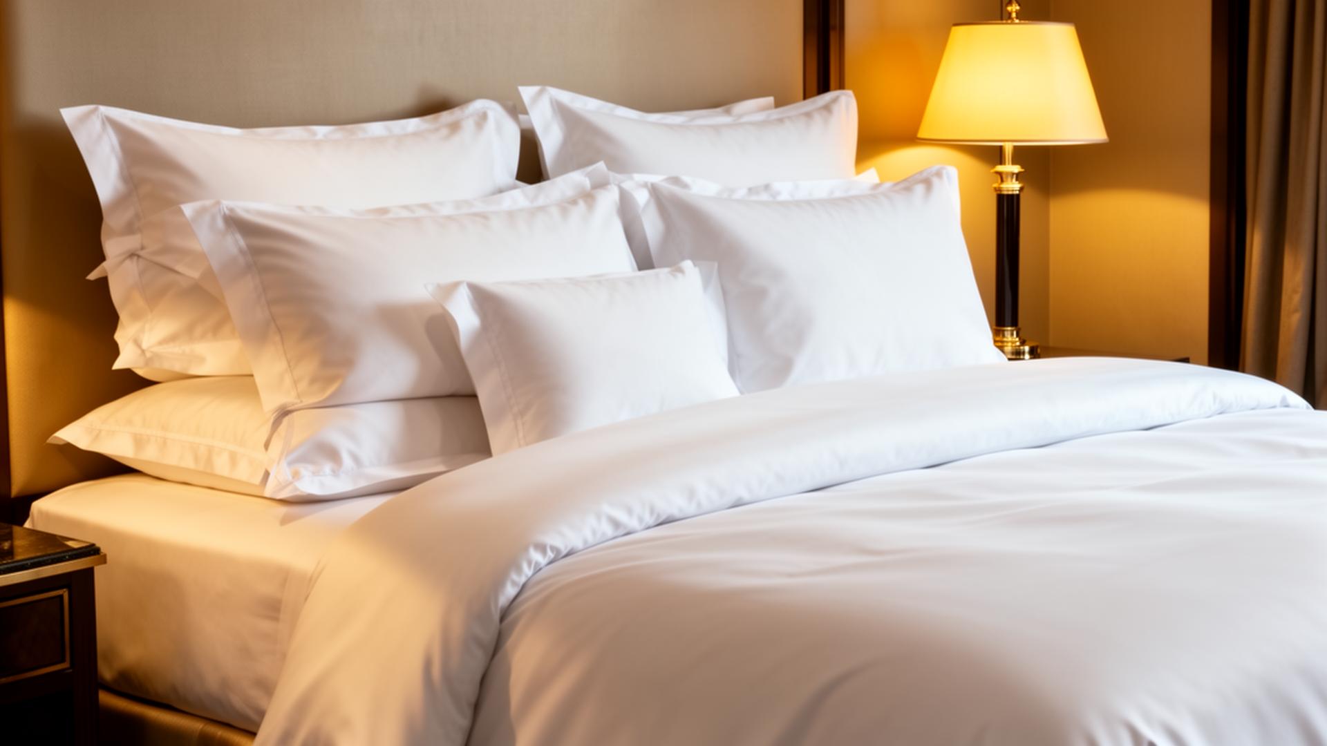 White sateen sheets on a luxury hotel bed in low evening light
