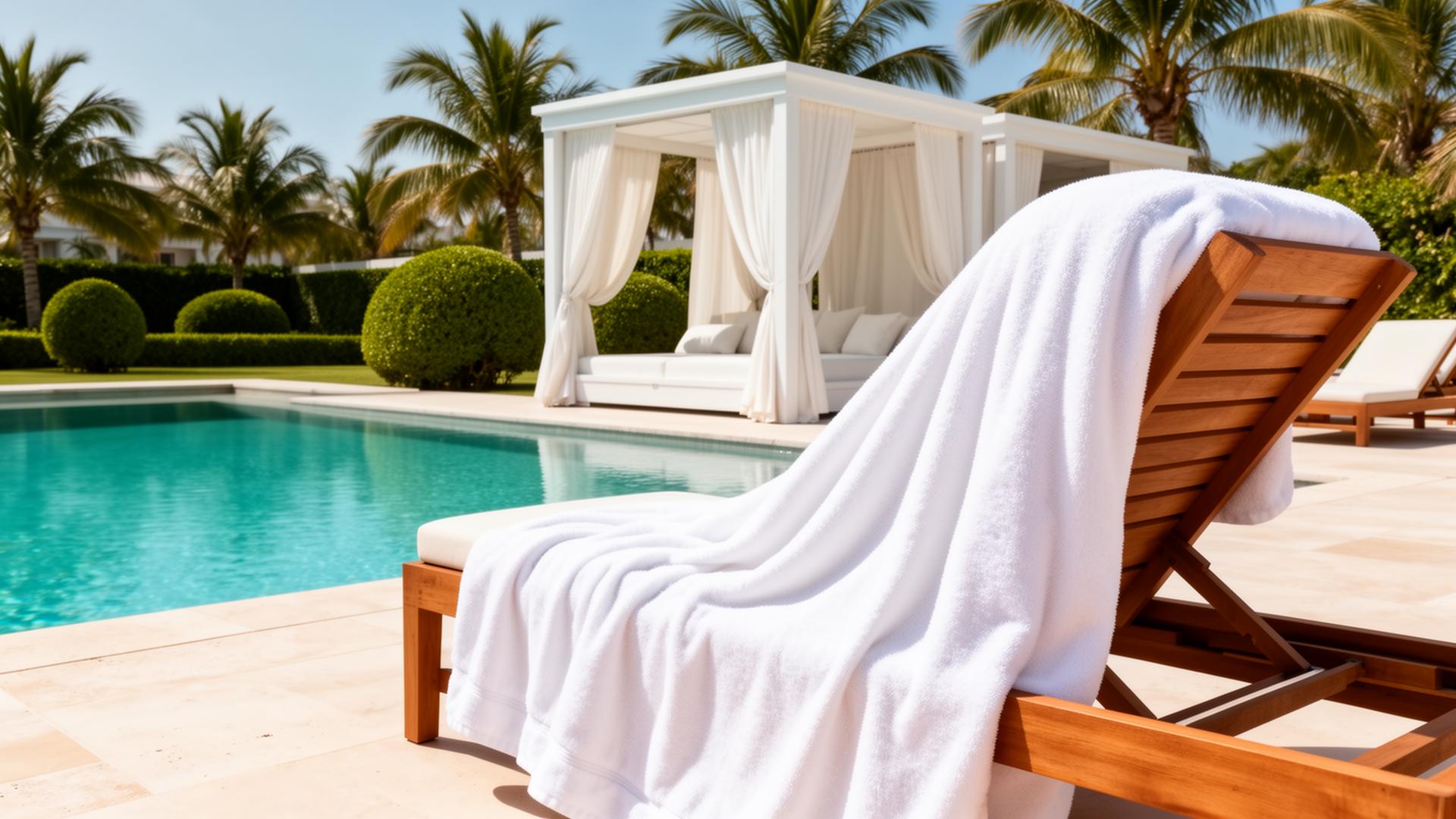 Oversized plush white pool towel on a teak lounge chair beside a luxury resort pool