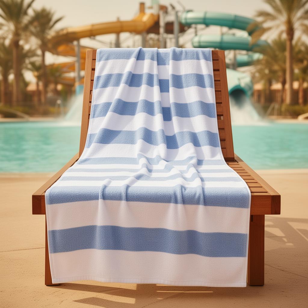 Powder-blue and white cabana stripe pool towel draped over a teak lounger at a luxury waterpark