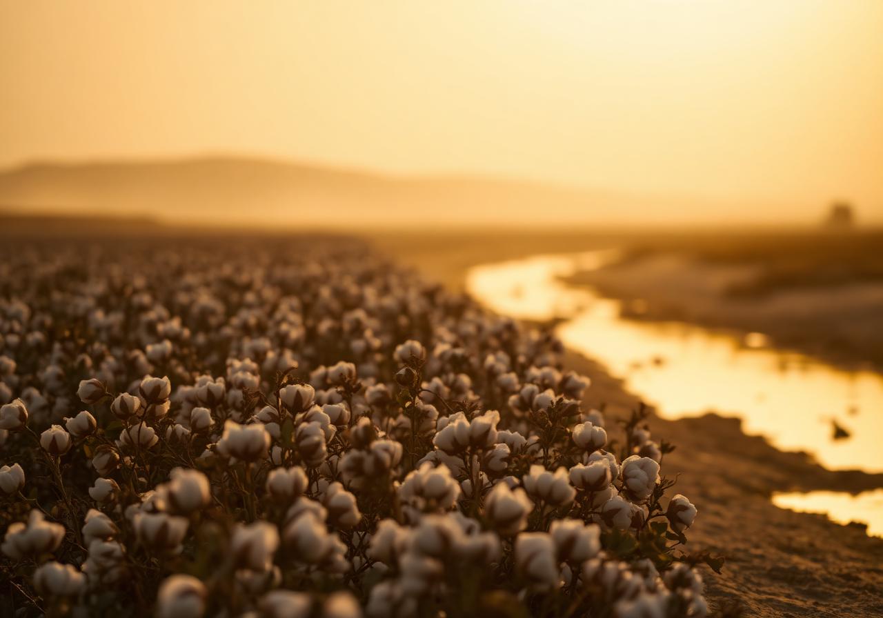 Cotton field along the Nile in warm desert light