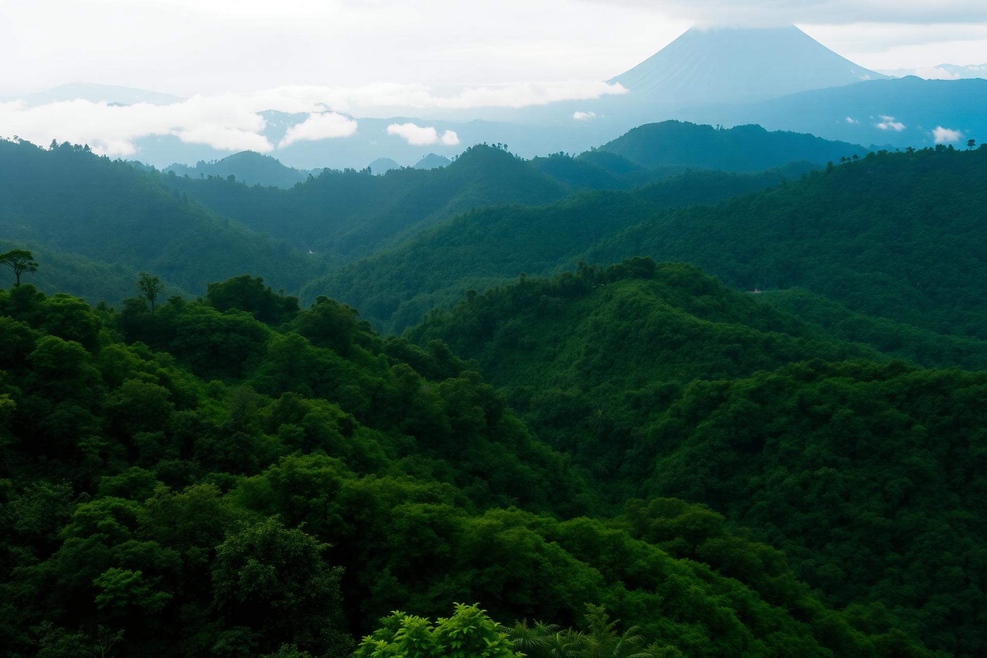 Misty Guatemalan highlands with a distant volcano above lush rainforest