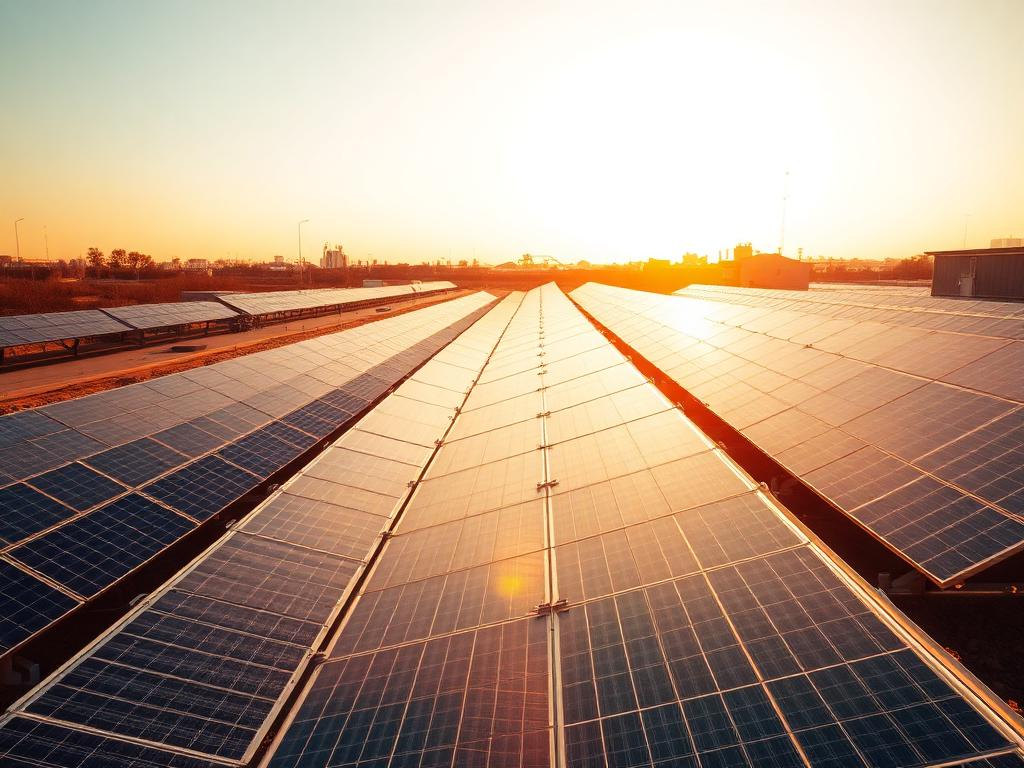 Rows of solar panels in warm sunlight