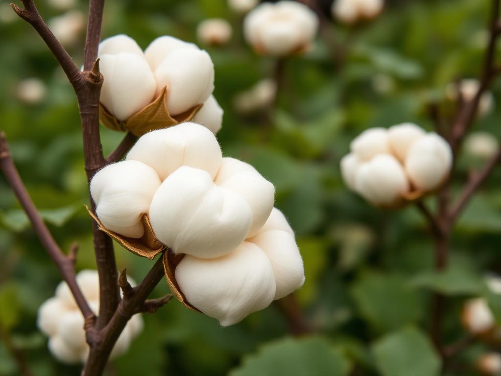 Raw cotton bolls on the plant against green foliage