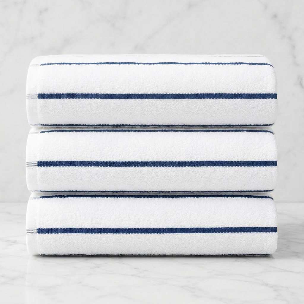 White cotton terry pool towel swatches with fine sailor stripes in yellow, orange, turquoise and navy