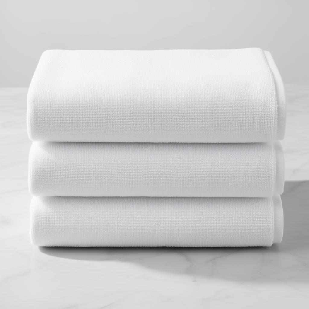 Stack of three plain bright-white cotton terry pool towels on soft white marble