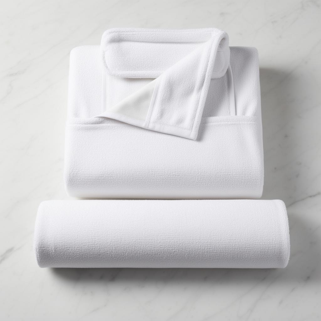 Two stacked bright-white cotton terry lounge chaise covers with the built-in headrest pocket folded back, on soft white marble