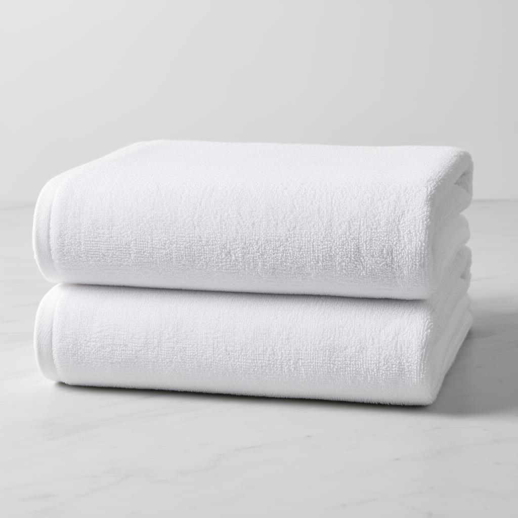 Stack of plush oversized bright-white cotton terry pool towels on soft white marble
