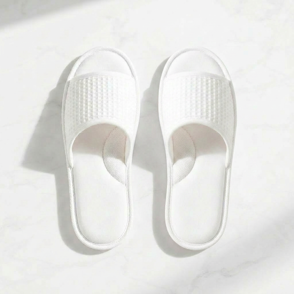 Corriss Slipper · Waffle — bright white hotel slipper on white marble